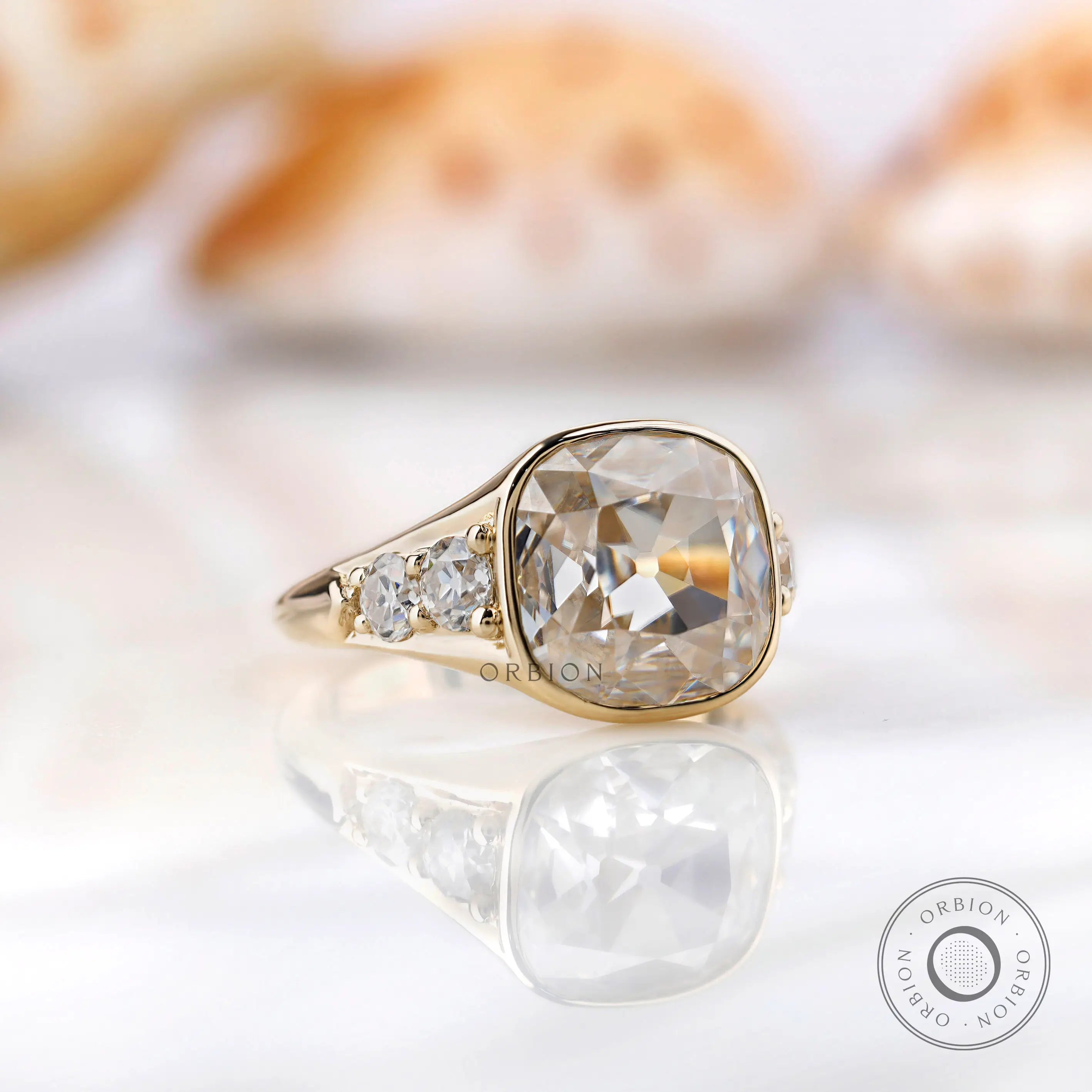 OMC cushion moissanite chunky ring angled front perspective