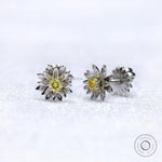 Side view of lotus flower stud earrings with yellow diamond.