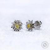 Side view of lotus flower stud earrings with yellow diamond.