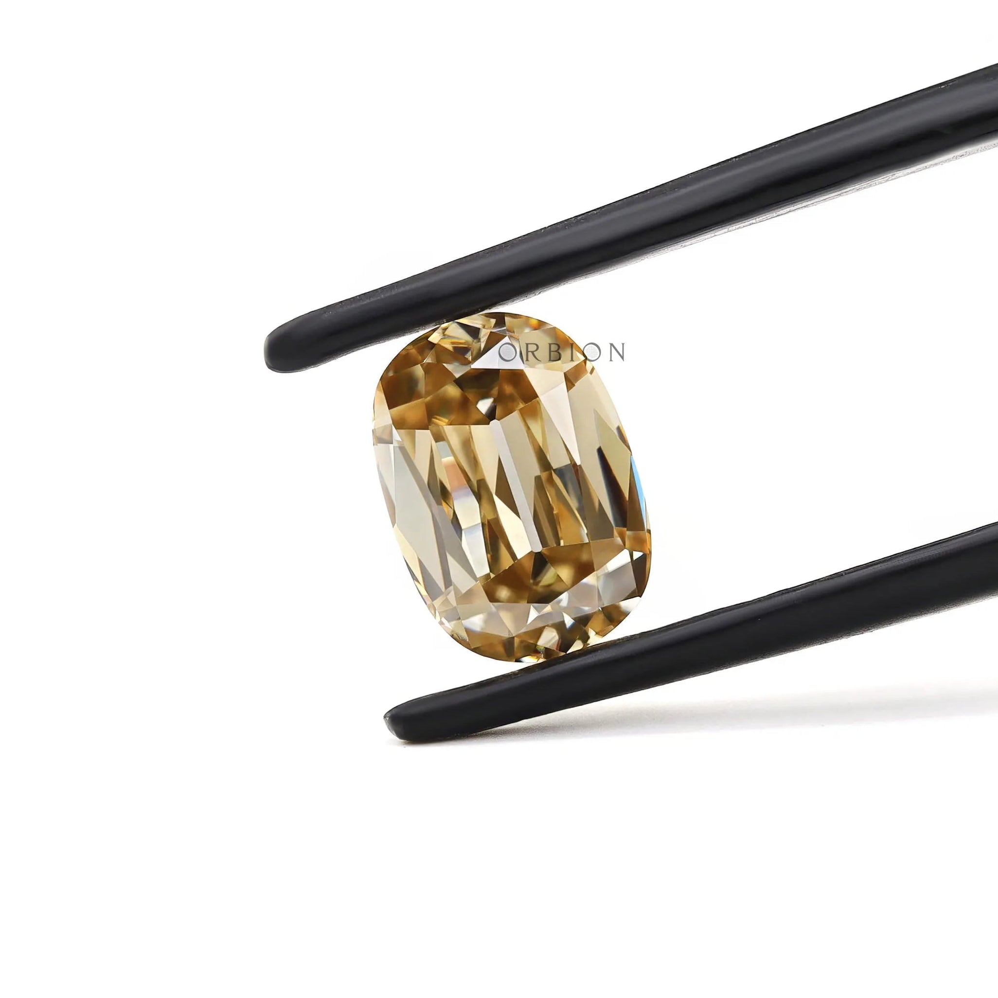 Old mine cut elongated cushion moissanite on white background
