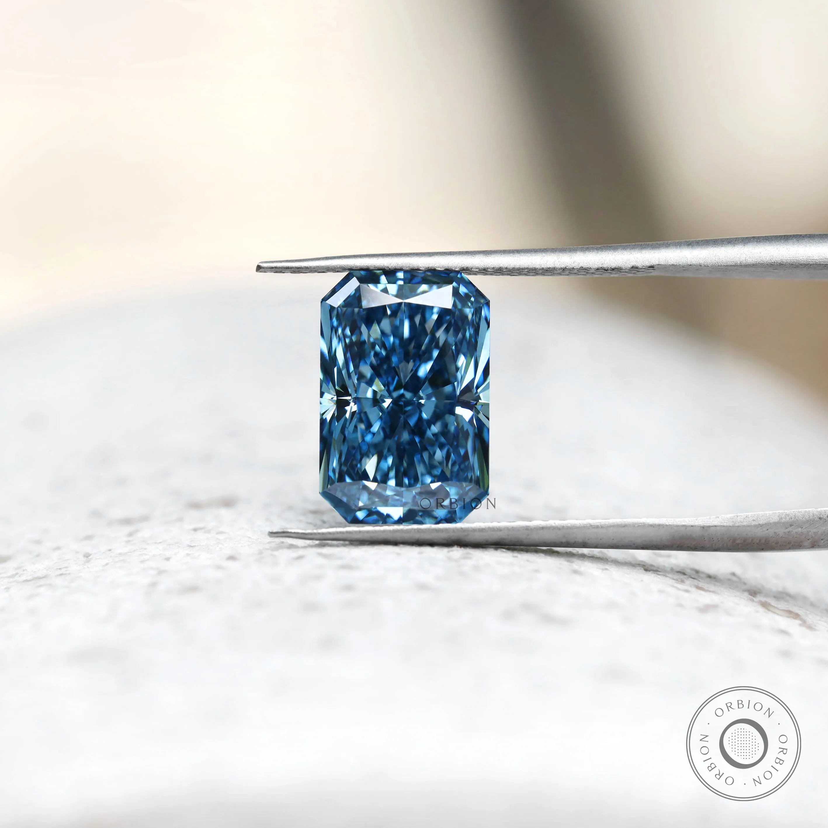 Front view of blue radiant brilliant cut loose lab diamond