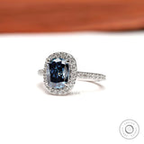 2.5 CT Elongated Cushion Deep Blue Moissanite Engagement Ring, Cathedral Shank White Gold Ring, Halo Wedding Ring, Half Eternity Bridal Ring