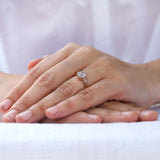 Vintage Old European Cut Moissanite Ring, Side Stone Tapered Baguette, Three Stone Engagement Ring, Four Prong Setting, Rose Gold Ring