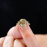 4 CT Fat Emerald Cut Champagne Moissanite Ring, Unique Vintage Style Bezel Set Three Stone Ring, Baguette Accent Stone, Promise Ring