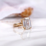 Krupp & Old Mine Hybrid Emerald Cut Moissanite Engagement Ring Set, Double Claw Prong Euro Shank Ring, Unique Large Rings, Bridal Ring Set