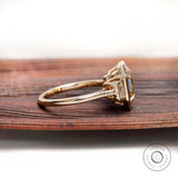 4 CT Fat Emerald Cut Champagne Moissanite Ring, Unique Vintage Style Bezel Set Three Stone Ring, Baguette Accent Stone, Promise Ring