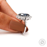 Old Mine Cut Oval Deep Blue Moissanite Ring, Princess Diana Ring, 18K White Gold Cluster Halo Engagement Ring, Statement Ring For Women