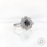 Vintage Black Moissanite Cluster Ring - Art Deco Style in 14K White Gold, 5.5MM Old European Cut, Unique Halo Engagement Ring, Promise Ring