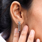 Lab Grown Diamond Dangle Drop Earrings, Round & Pear Cut Diamond Flexible Double Strand Hanging Dangler Solid Gold Statement Earrings