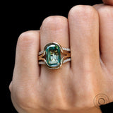 OMC Elongated Cushion Dark Green Moissanite Ring With Matching Bands, 14k Yellow Gold Statement Rings, Unique Style Three Pc Bridal Ring Set
