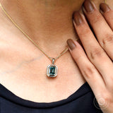 Blue Green Emerald Cut Moissanite Double Bezel Pendant, 14k Solid Yellow Gold Pendant Charm, Glossy Finish Chunky Pendant, Wedding Pendant