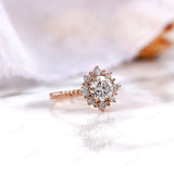 1.5 CT Round Lab Grown Diamond Engagement Ring, IGI Certified, 14k Rose Gold Anniversary Ring, Halo Blossom Ring, Starburst Ring Gold