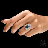 Old Mine Cut Oval Deep Blue Moissanite Ring, Princess Diana Ring, 18K White Gold Cluster Halo Engagement Ring, Statement Ring For Women