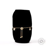 Back view adjustable bolo bracelet with butterfly and clover charms