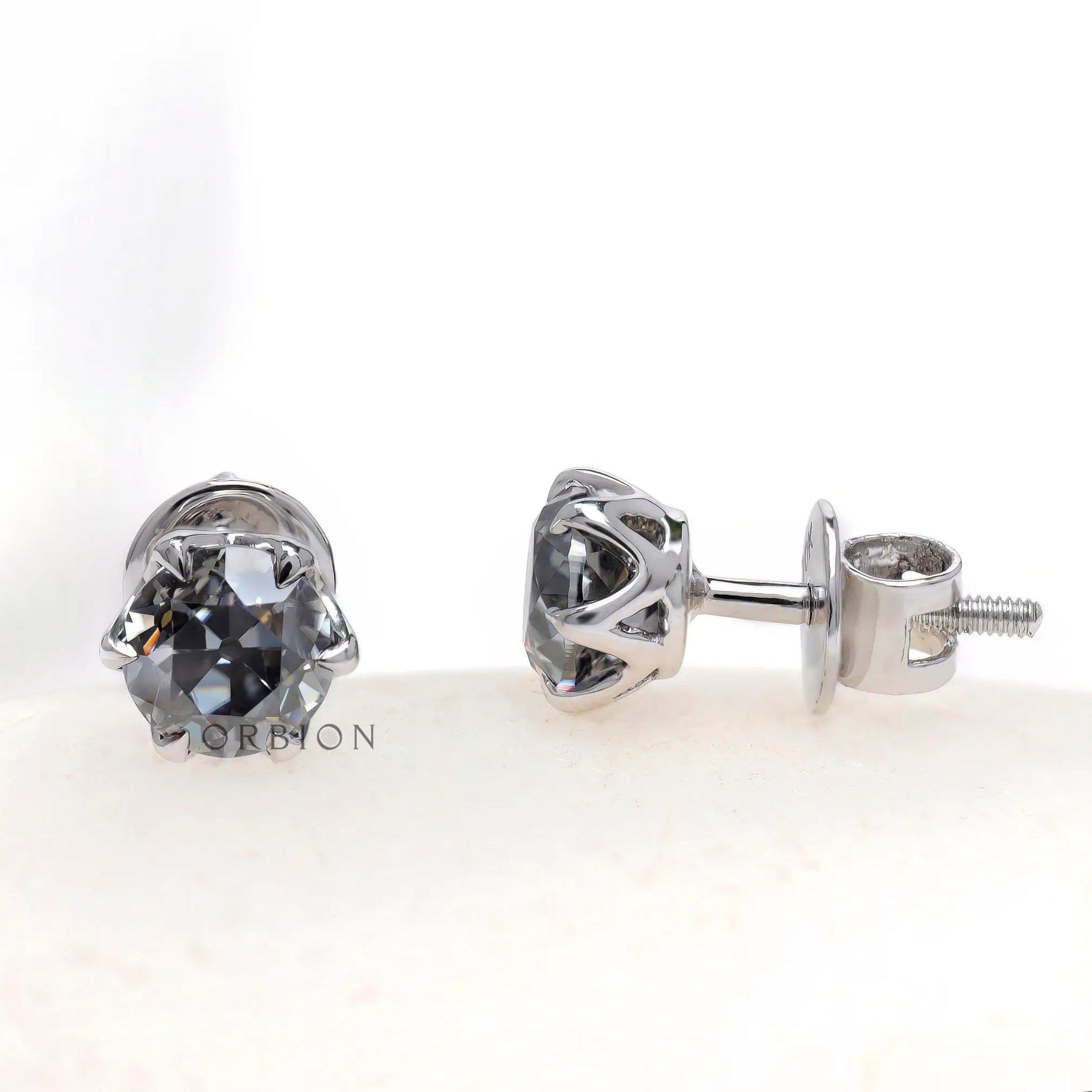 OEC grey moissanite stud earrings with screw back detail