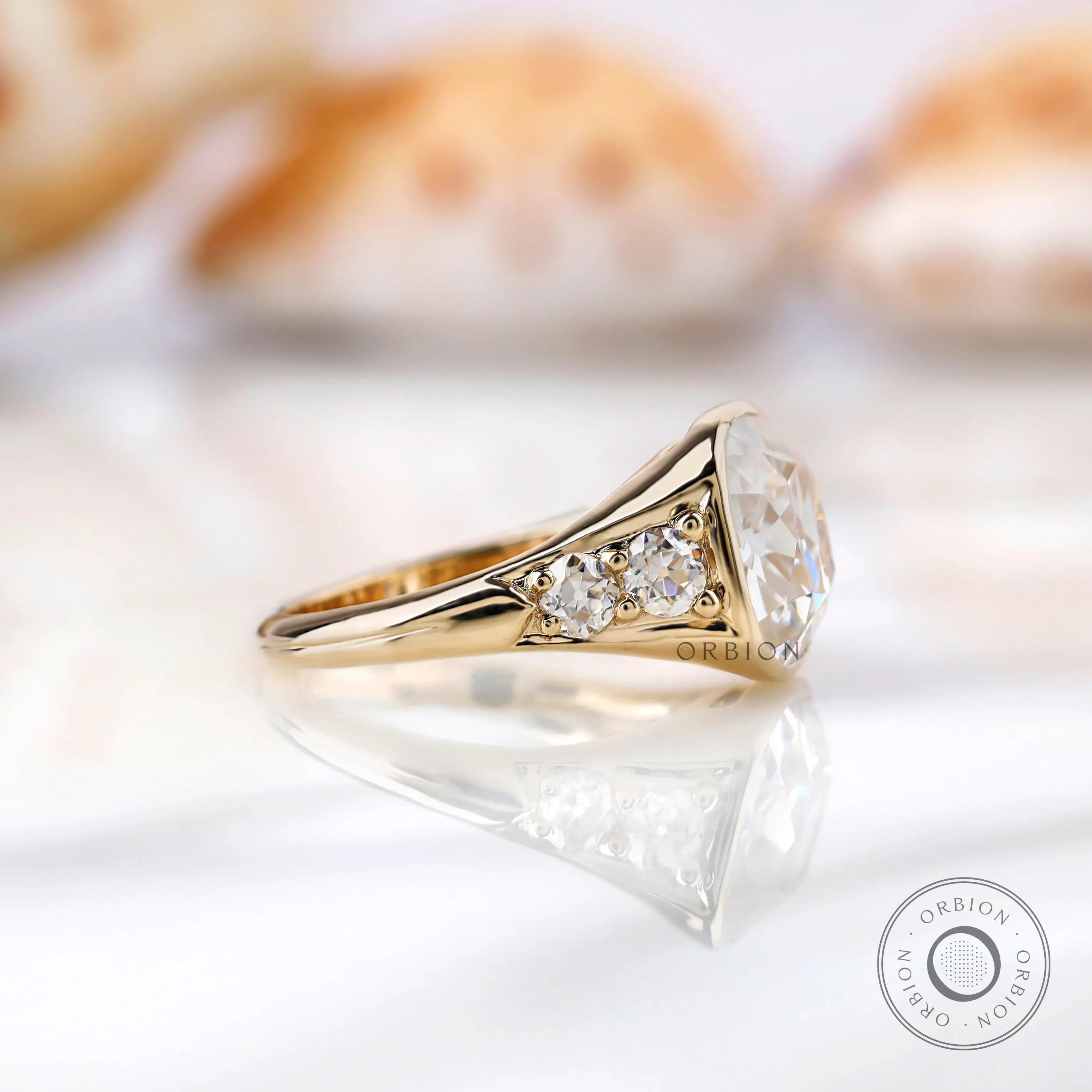 OMC cushion moissanite chunky ring side profile with accents