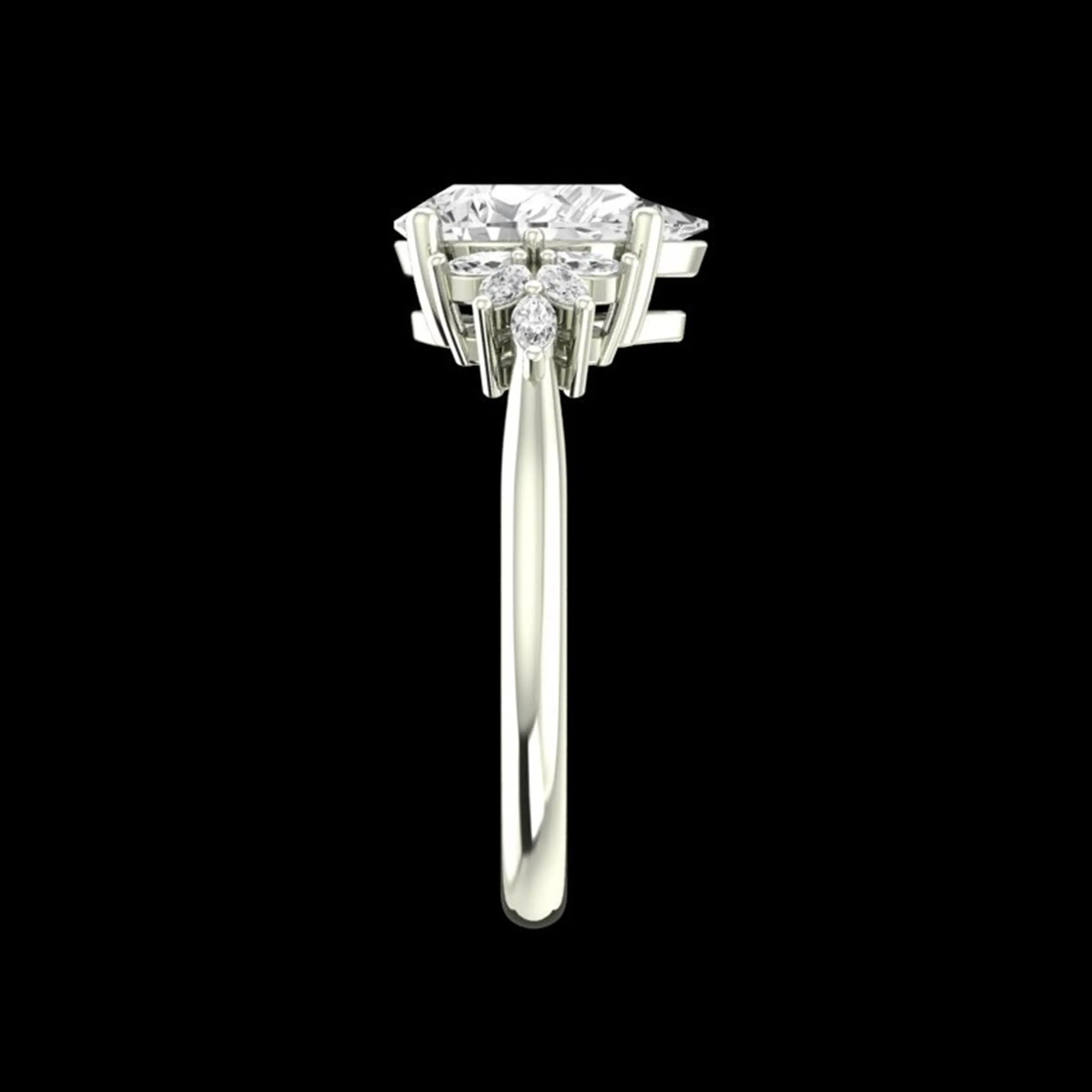 Side profile of pear moissanite ring in white gold