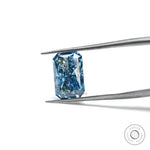 Angled view of vivid blue radiant cut lab diamond