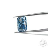 Angled view of vivid blue radiant cut lab diamond