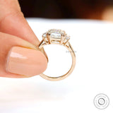 Exquisite Double Claw Prong Three Stone Ring in Yellow Gold - Unique Step Cut Gemstone Design, Vintage-Inspired Asscher Moissanite Ring