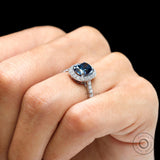 2.5 CT Elongated Cushion Deep Blue Moissanite Engagement Ring, Cathedral Shank White Gold Ring, Halo Wedding Ring, Half Eternity Bridal Ring