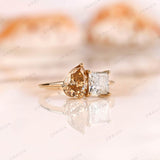 Toi Et Moi Double Stone Engagement Ring Two Stone 14k Yellow Gold Ring Pear Champagne & Princess Moissanite Ring You And Me Ring For Women