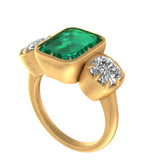 Georgian Style Emerald Ring with 6 MM OMC Moissanite Accent, 14K Brushed Gold Statement Ring, Elegant Old Mine Cut Emerald Ring