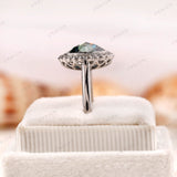 Rose Cut Blue Green Moissanite Engagement Ring Art Deco Oval Moissanite Halo Ring Statement Ring For Women Color Stone Rings Wedding Rings