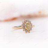 0.90CT Fancy Yellow Oval Cut Natural Colour Diamond Engagement Ring, Starburst Halo Diamond Ring, 14K Mirror Finished Yellow Gold Ring
