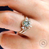 OEC Blue Green Moissanite Ring Set, Vintage Style Leaf Motif Wedding Ring Set, Unique Art Nouveau Ring,  Nature Inspired Engagement Rings