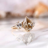 Three Stone Pear Champagne Moissanite Engagement Ring 3 Stone Vintage Ring Georgian Style Ring Solid Gold Color Stone Wedding Ring