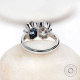 Deep Blue Elongated OMC Moissanite Toi Et Moi Ring, Double Stone Ring, Two Stone Engagement Ring, Antique Bezel 14K White Gold Ring