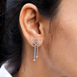 Lab Grown Diamond Dangle Drop Earrings, Round & Pear Cut Diamond Flexible Double Strand Hanging Dangler Solid Gold Statement Earrings