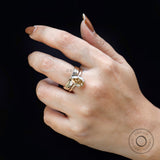 Pear Champagne Moissanite Thick Band Engagement Ring Set Hidden Halo Wedding Set Matching Plain Gold Wide Band 14k Yellow Gold Rings