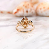 Pear Champagne Three Stone Ring, Old Cut Three Stone Ring, Old Mine Cut Ring, Georgian Ring Gold, OEC Side Stones, Champagne Teardrop Ring