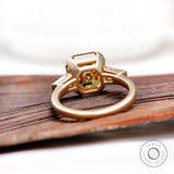 10 MM Dark Champagne Octavia Cut Asscher Moissanite Engagement Ring in Smooth Matt Finish Tapered Baguette Accent Ring, Three Stone Ring