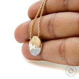 14K Solid Gold Flush Set Lab Grown Diamond Studded Circle Pendant Necklace, Scattered Diamond Gypsy Set Contemporary Pendant Necklace