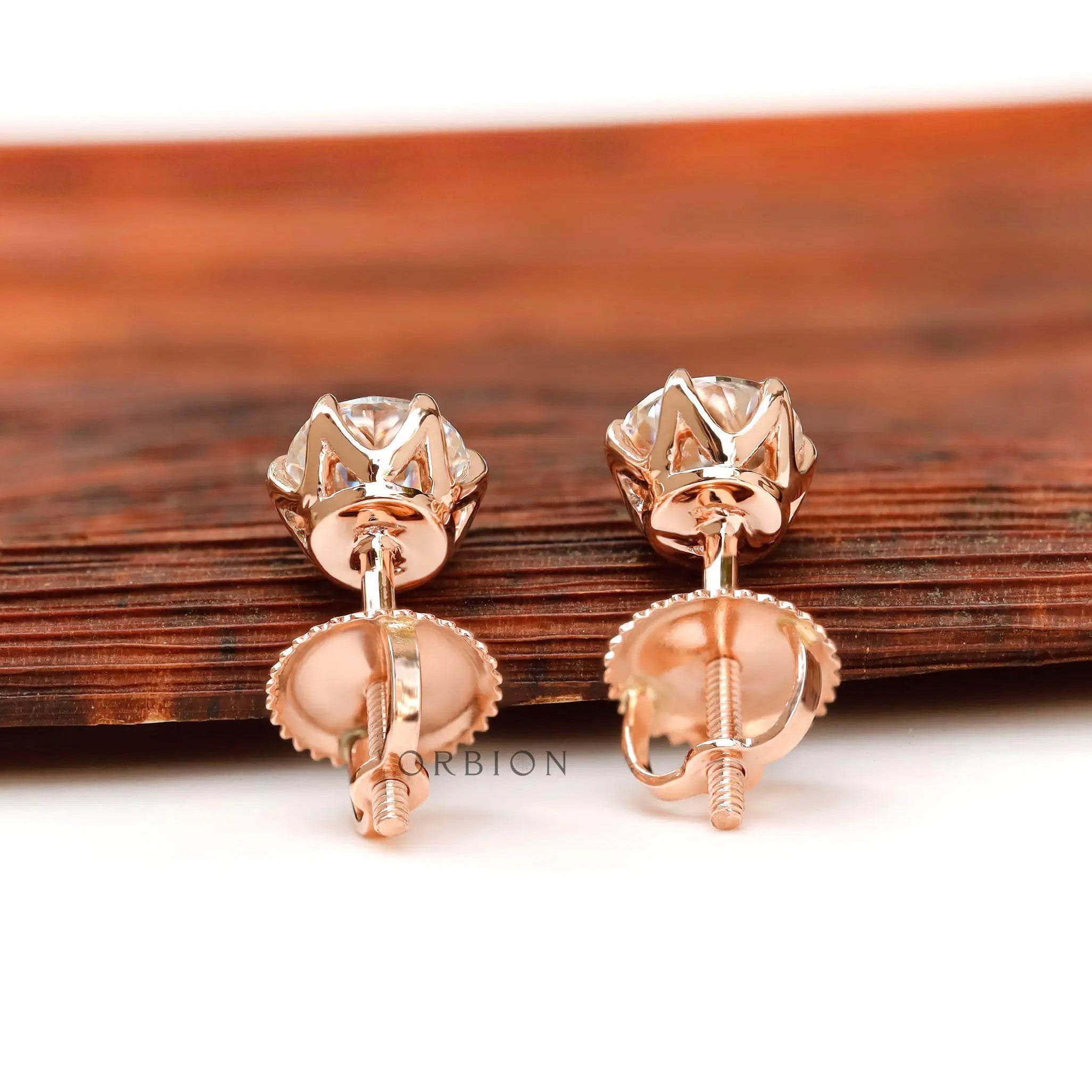 Back view of rose gold moissanite stud earrings