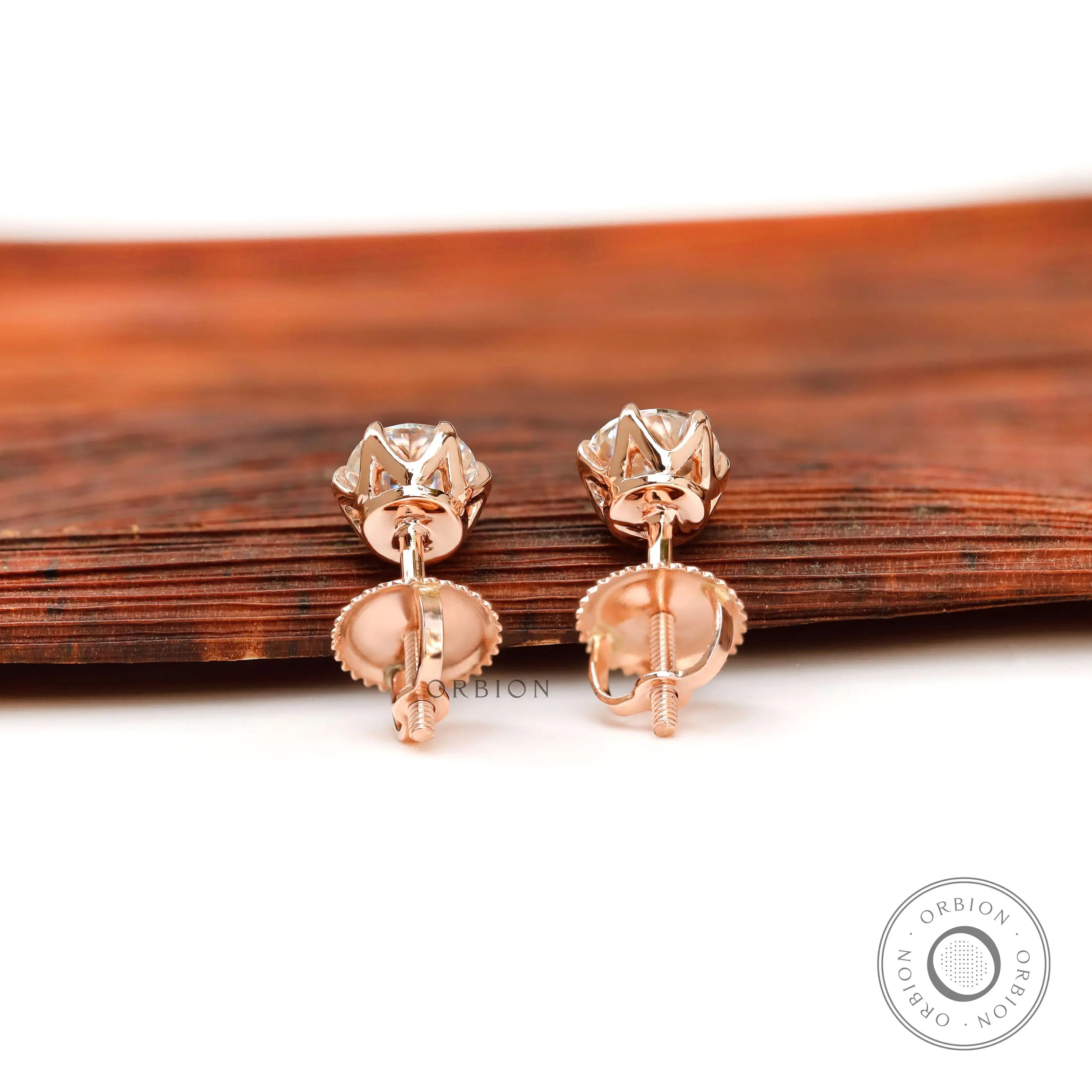 Back view of rose gold moissanite stud earrings