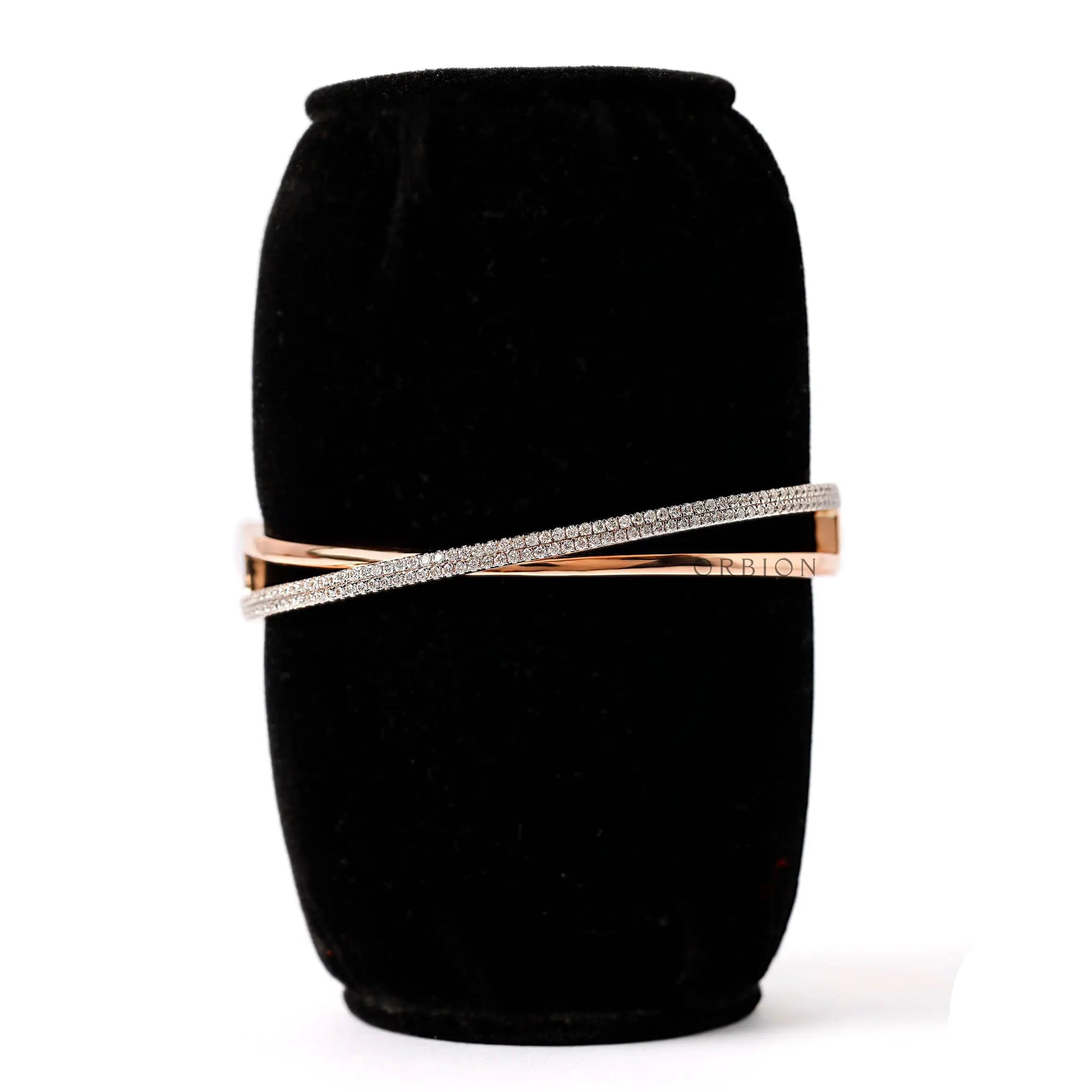 Front profile crossover diamond bangle bracelet rose gold