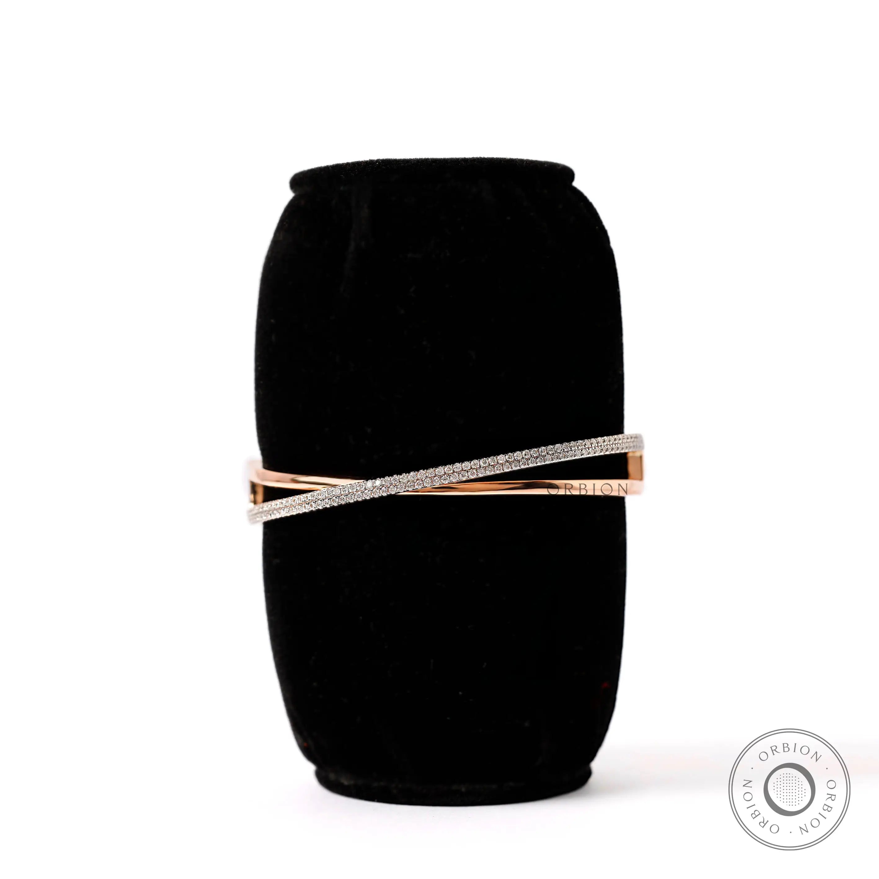Front profile crossover diamond bangle bracelet rose gold