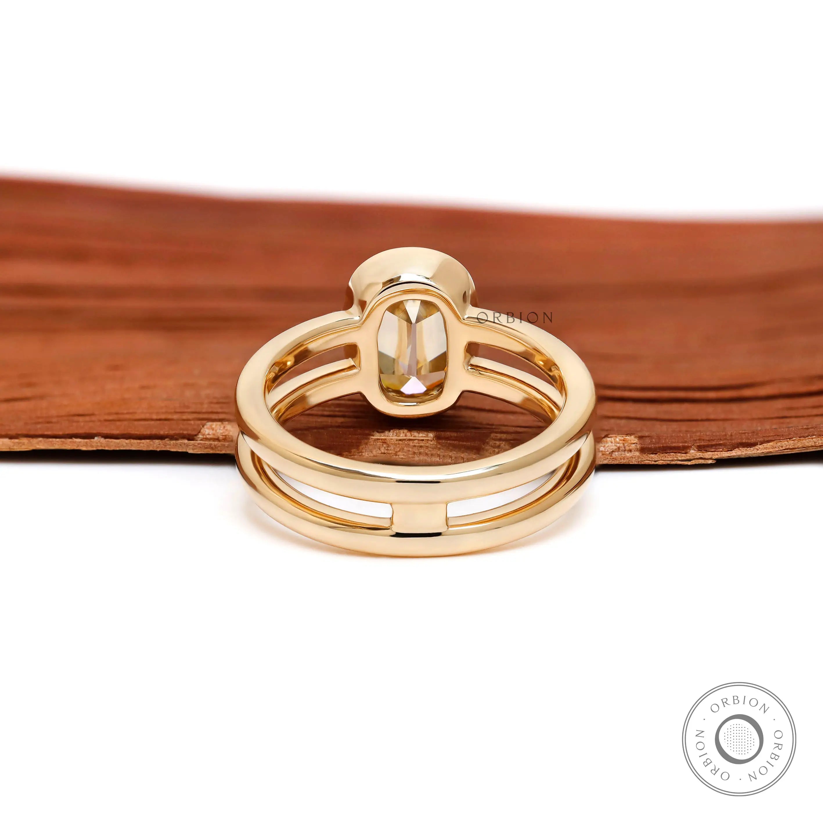 Back view double shank bezel champagne moissanite ring gold band