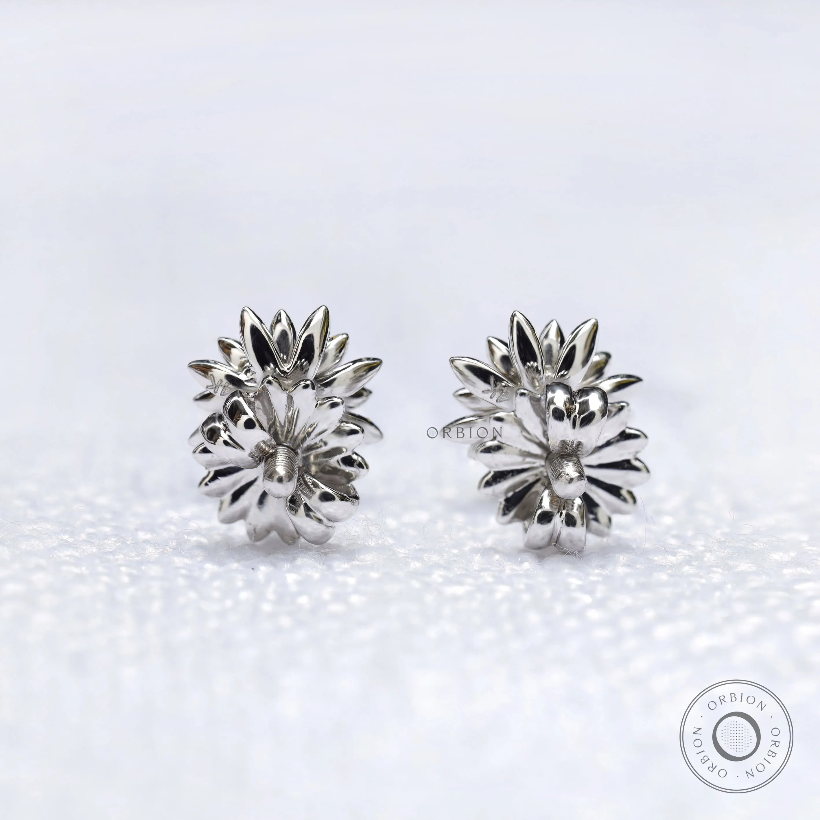 Lotus flower stud earrings featuring yellow diamond in white gold setting