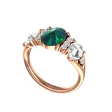 10K/14K/18K Solid Rose Gold Blue Green 3 Stone Engagement Ring, Side Grey Oval Rose Cut Moissanite Wedding Ring, Wedding Ring, Bridal Ring