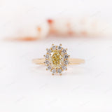 0.90CT Fancy Yellow Oval Cut Natural Colour Diamond Engagement Ring, Starburst Halo Diamond Ring, 14K Mirror Finished Yellow Gold Ring
