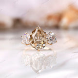 Three Stone Pear Champagne Moissanite Engagement Ring 3 Stone Vintage Ring Georgian Style Ring Solid Gold Color Stone Wedding Ring
