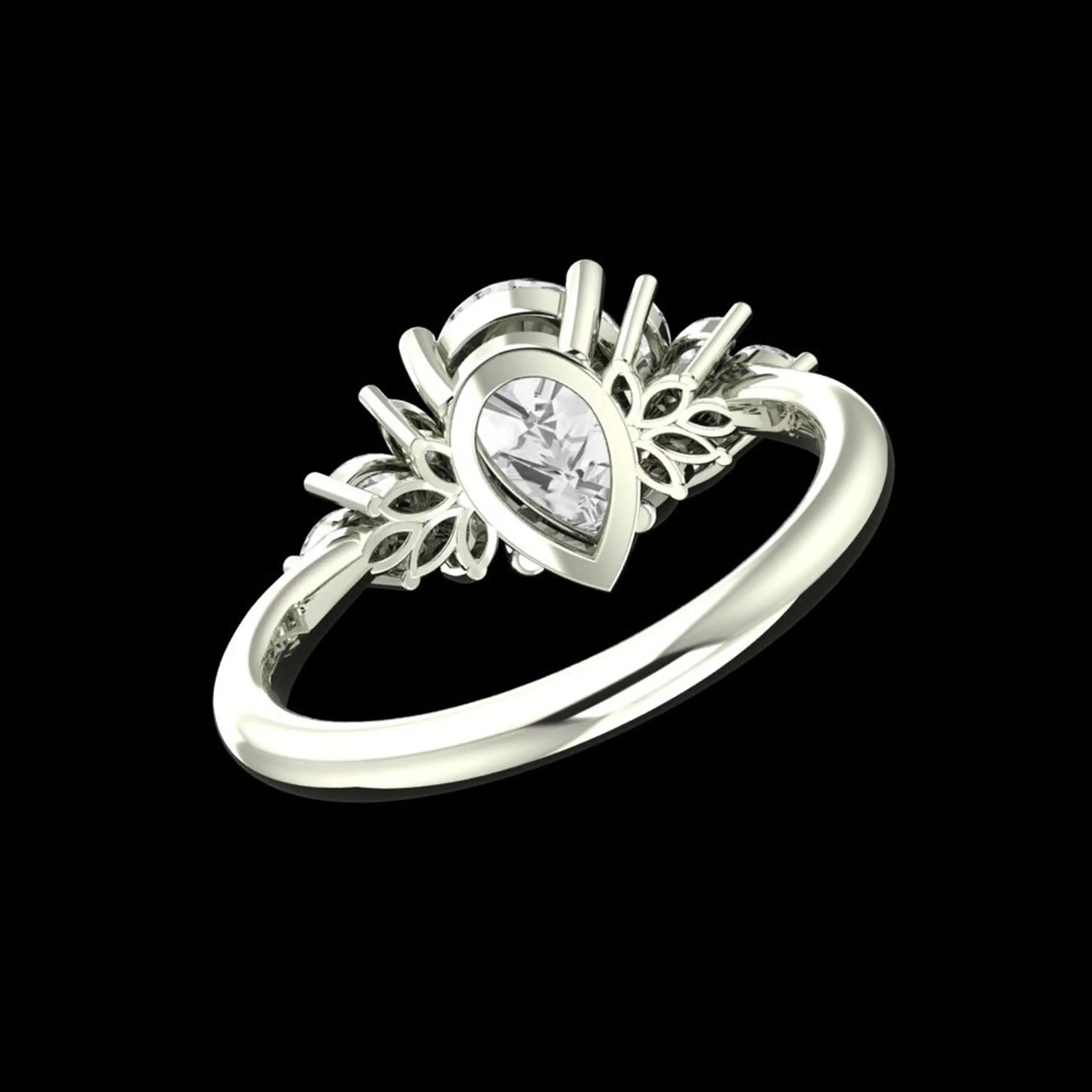 Underside angled view of pear moissanite ring gallery