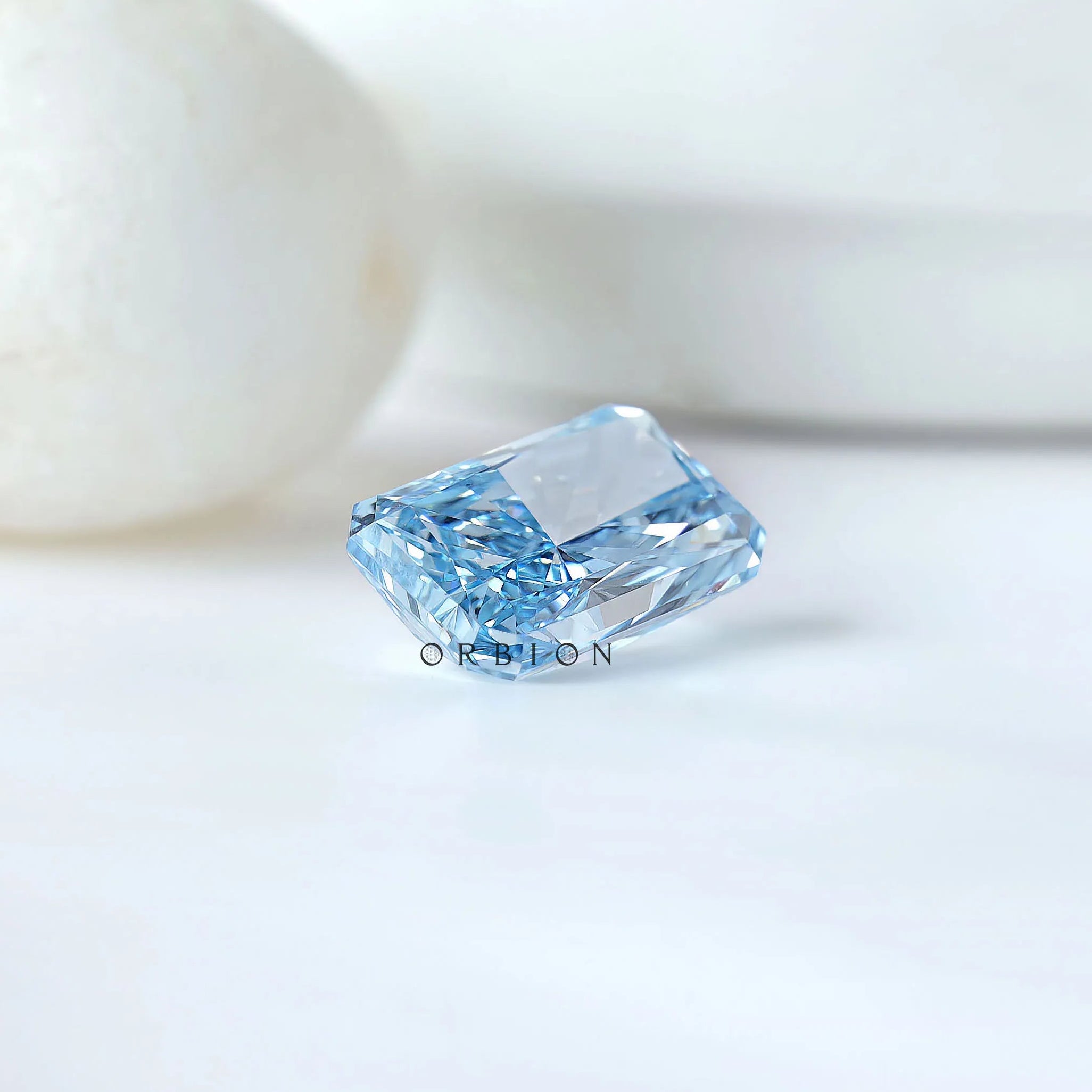 Side profile of blue radiant lab diamond upright