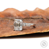 Exquisite Emerald Cut Moissanite Engagement Ring in 14k White Gold with Baguette Accents" , Step Cut Moissanite Ring