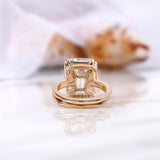 Krupp & Old Mine Hybrid Emerald Cut Moissanite Engagement Ring Set, Double Claw Prong Euro Shank Ring, Unique Large Rings, Bridal Ring Set